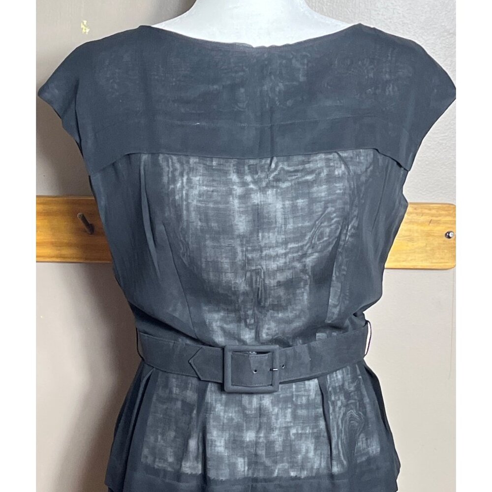 Vintage Black Dress Fitted Sheer Belt Midi Classic Cap Sleeve Pristine Womens S - Picture 4 of 12